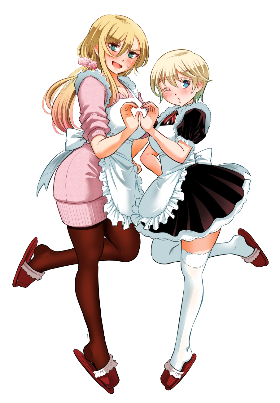 2girls, ;o, apron, black_dress, blonde_hair, blue_eyes, blush, breasts, commentary_request, dress, frilled_apron, frilled_sleeves, frills, from_side, full_body, green_eyes, hair_ornament, hair_scrunchie, hand_on_own_hip, heart, heart_hands, heart_hands_duo, height_difference, highres, kuzuryuu_hanako, kuzuryuu_irina, large_breasts, leg_up, long_hair, looking_at_viewer, maid, maid_apron, mother_and_daughter, multiple_girls, one_eye_closed, open_mouth, pantyhose, pink_scrunchie, pink_sweater, red_footwear, red_pantyhose, sandals, scrunchie, short_hair, short_sleeves, simple_background, sogabe_toshinori, standing, sweat, sweater, sweater_dress, thigh-highs, white_apron, white_background, white_thighhighs, yankee_jk_kuzuhana-chan