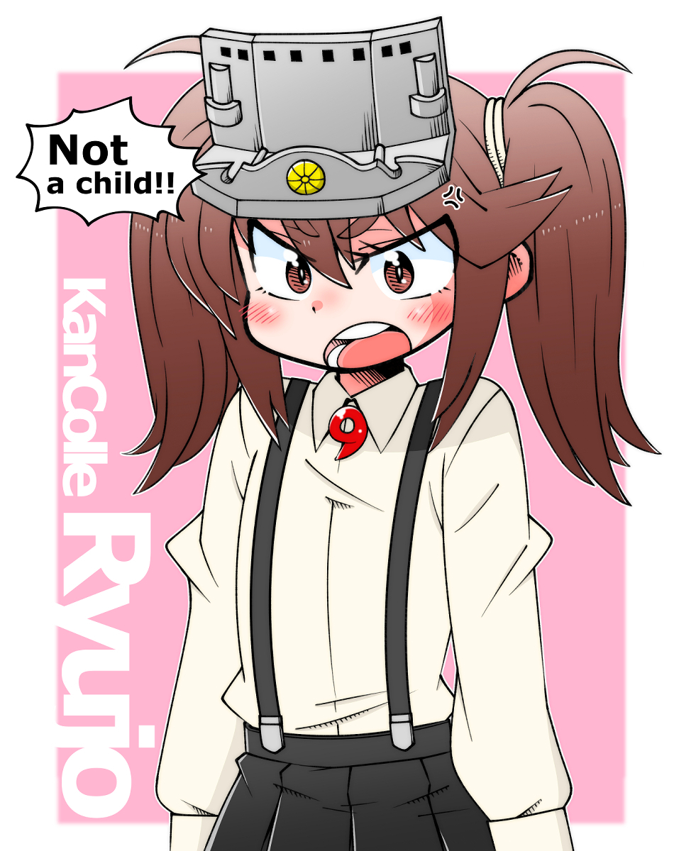 1girl, anger_vein, black_skirt, brown_eyes, brown_hair, character_name, collared_shirt, commentary_request, copyright_name, dress_shirt, english_text, highres, kantai_collection, long_hair, long_sleeves, magatama, open_mouth, round_teeth, ryuujou_(kancolle), shin_(shin_k009), shirt, skirt, solo, suspender_skirt, suspenders, teeth, twintails, upper_teeth_only, visor_cap, white_shirt