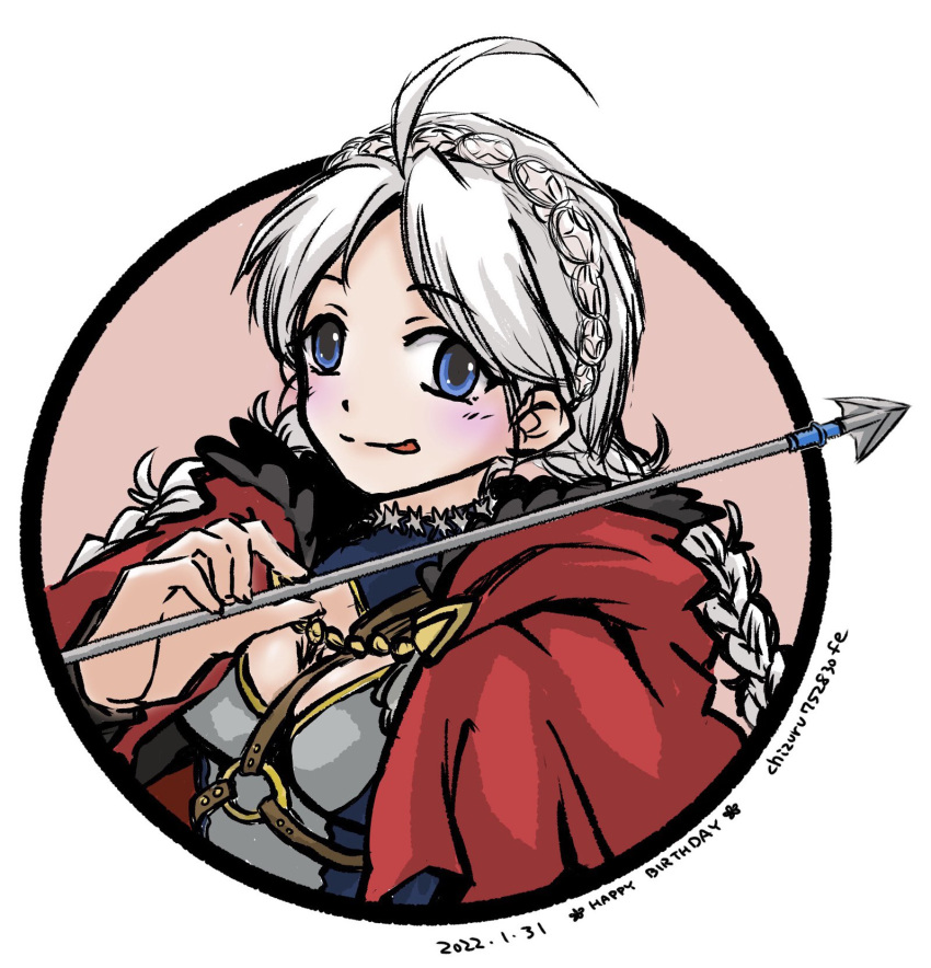 1girl, 2022, ahoge, arrow_(projectile), blue_eyes, braid, breasts, capelet, chizuru_210, dated, fire_emblem, fire_emblem_fates, hairband, happy_birthday, harness, highres, holding, holding_arrow, hood, hooded_capelet, long_hair, looking_at_viewer, low_twin_braids, low_twintails, medium_breasts, nina_(fire_emblem), o-ring, o-ring_harness, parted_bangs, red_hood, solo, twin_braids, twintails, white_hair, white_hairband