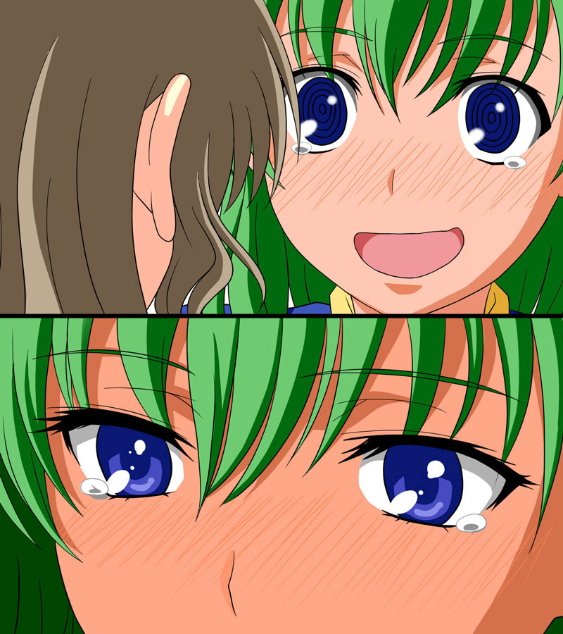 blue_eyes, blush, gradient_hair, green_hair, hijiri_byakuren, long_hair, multicolored_hair, ougi_(ihayasaka), parody, ringed_eyes, sekimen_suru_dake, shikieiki_yamaxanadu, short_hair, tears, to_aru_majutsu_no_index, touhou
