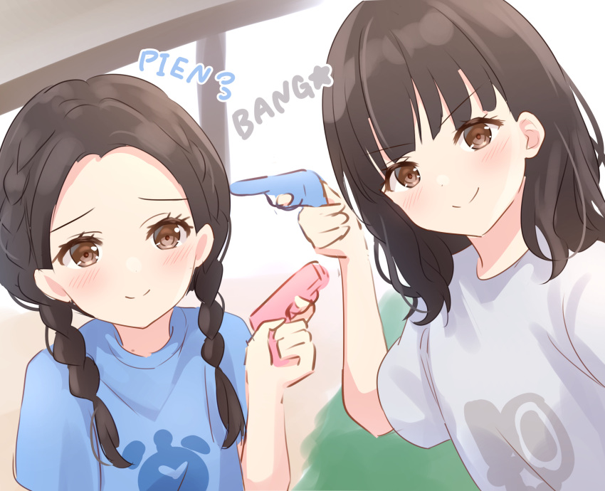 2girls, aiming, animification, blue_shirt, blush, braid, brown_eyes, brown_hair