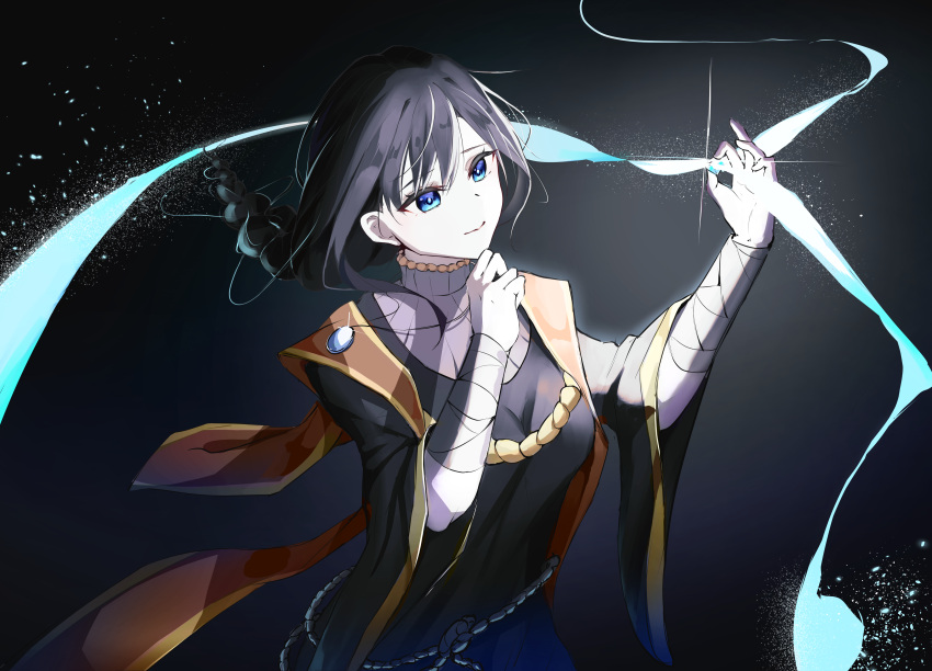 1girl, absurdres, bandaged_arm, bandages, black_background, black_hair, blue_eyes, blue_robe, braid, closed_mouth, commentary, elden_ring, english_commentary, floating_hair, gem, hand_on_own_chin, highres, holding, holding_gem, jewelry, long_hair, magic, necklace, robe, ryz_(ujrn7248), simple_background, smile, solo, sorceress_sellen, wide_sleeves