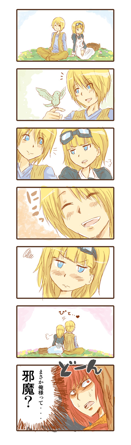 blonde_hair, blue_eyes, blush, comic, couple, fiamma_of_the_right, goggles, highres