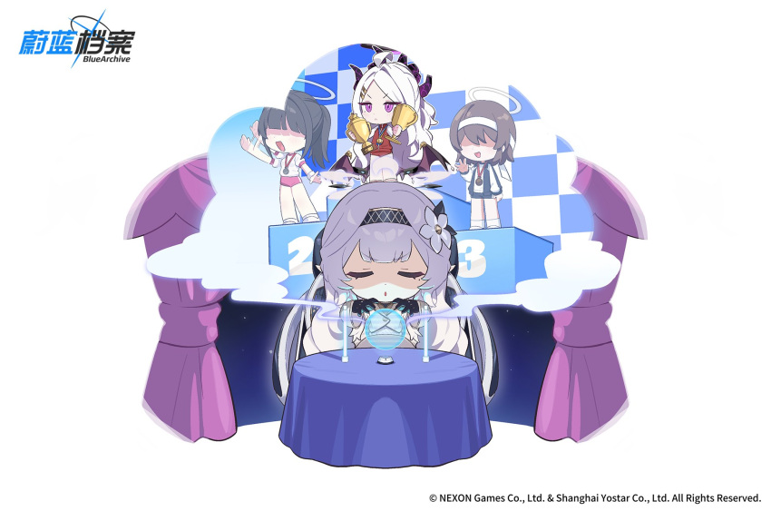 4girls, black_hair, blue_archive, buruma, chibi, closed_eyes, closed_mouth, commentary_request