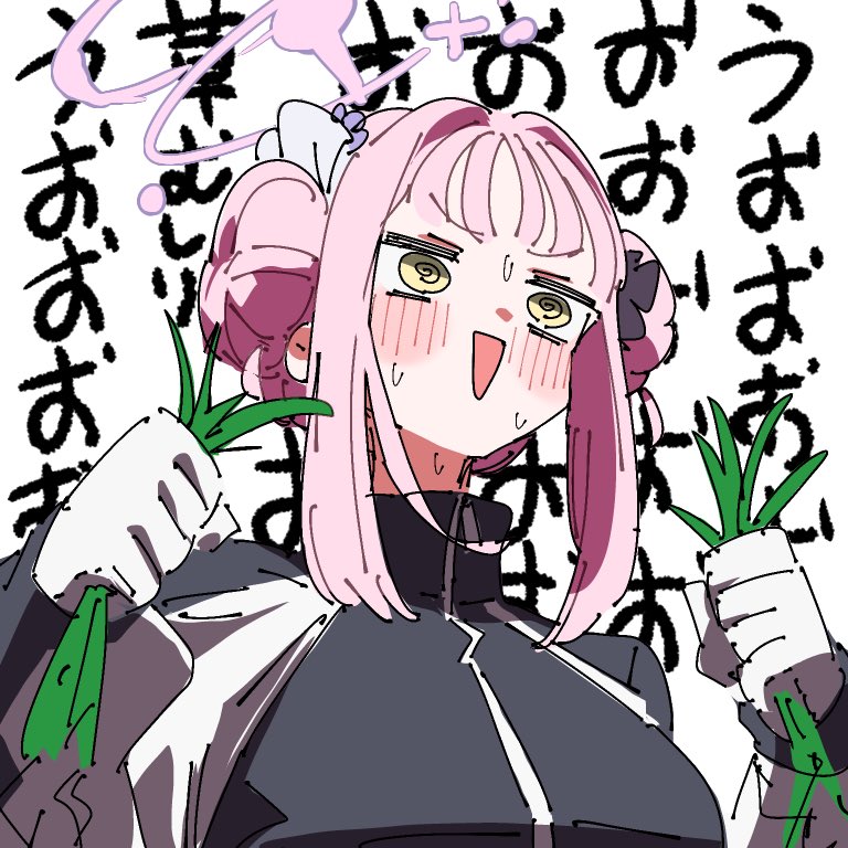 1girl, @_@, black_scrunchie, blue_archive, blush, double_bun, flower, hair_bun