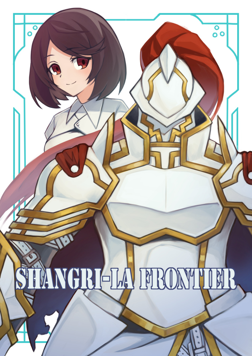 1girl, armor, blush, brown_eyes, brown_hair, cape, closed_mouth, collared_shirt