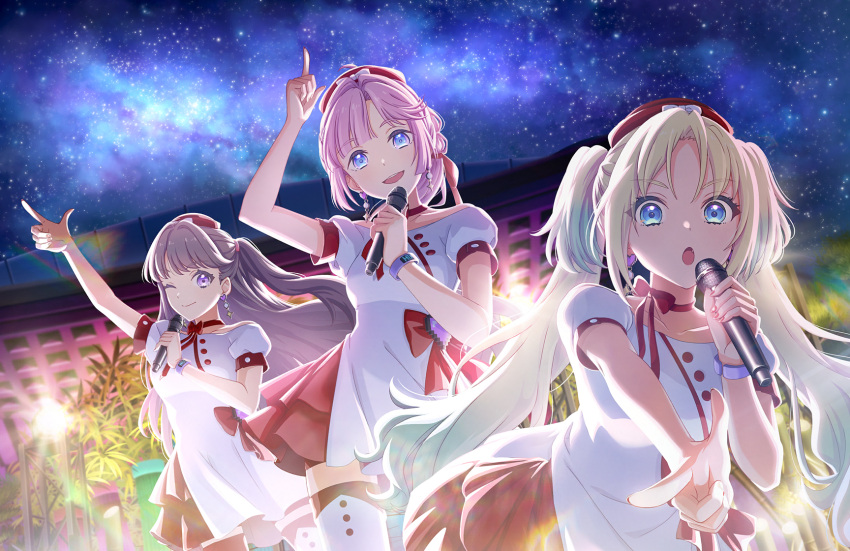 3girls, :d, :o, ;), ahoge, anyoji_hime, arm_up, blonde_hair