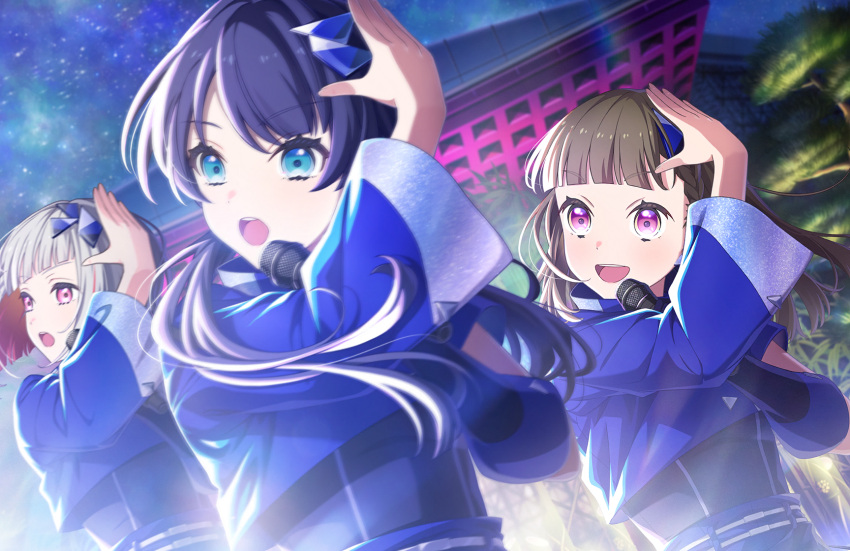 3girls, :d, :o, arm_up, asymmetrical_sleeves, black_gloves, blue_eyes, blue_hair