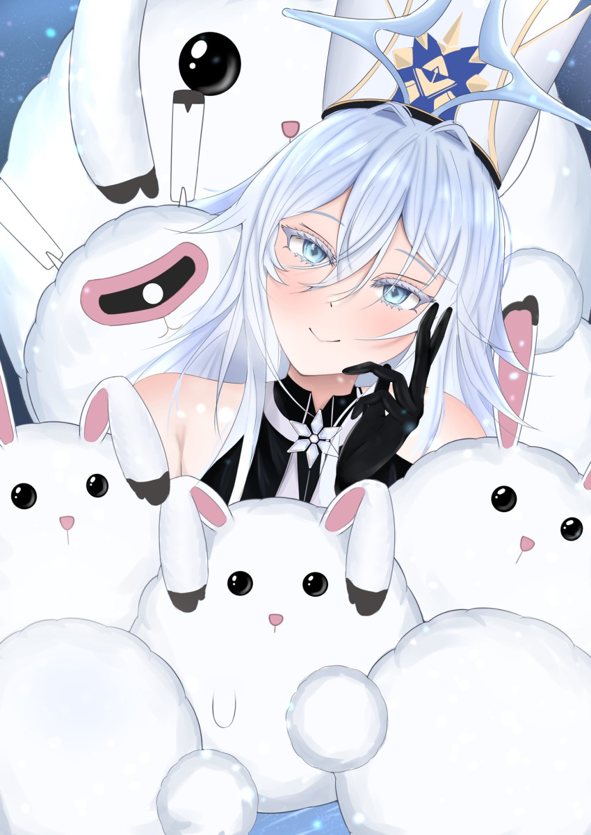 1girl, :>, azur_lane, bare_shoulders, black_gloves, blue_eyes, closed_mouth, colored_eyelashes, gloves, hair_intakes, hand_up, hat, highres, light_blush, long_bangs, long_hair, looking_at_viewer, sethia_sgs, smile, sovetsky_soyuz_(azur_lane), upper_body, v, white_hair, white_hat, white_rabbit_(animal)