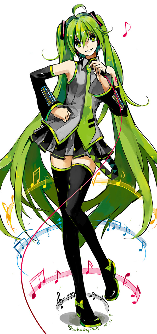 ahoge, detached_sleeves, green_eyes, green_hair, hand_on_hip, hatsune_miku, highres, hips