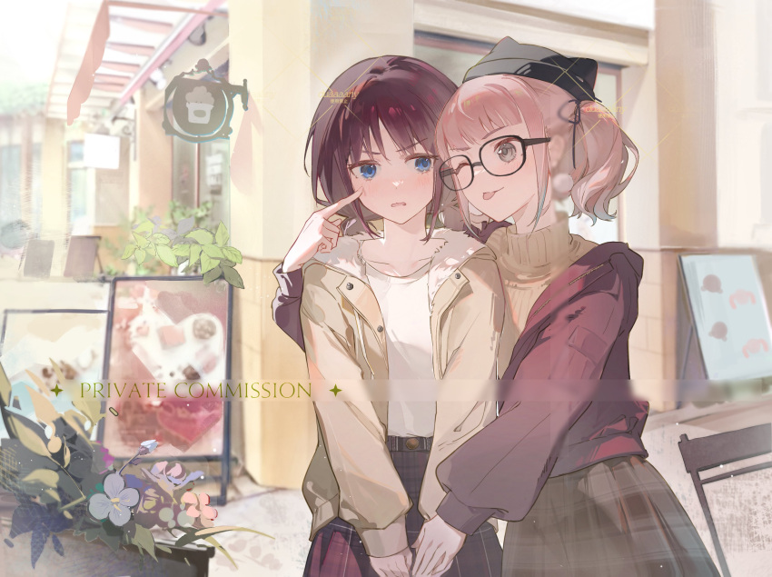 2girls, black-framed_eyewear, black_ribbon, blue_eyes, blush, brown_hair, brown_jacket, brown_sweater