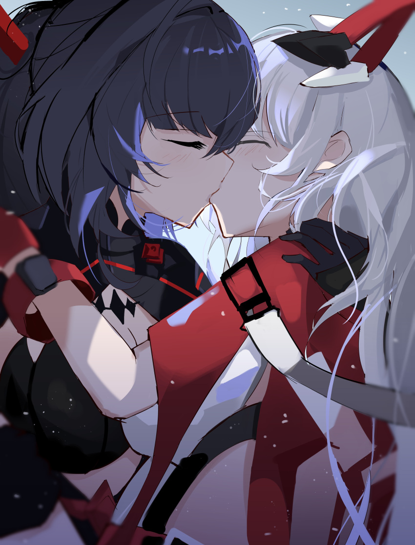 2girls, absurdres, arms_around_back, black_gloves, blue_eyes, breasts, cleavage_cutout, closed_eyes