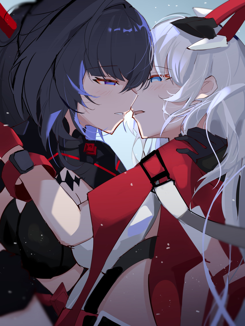 2girls, absurdres, arms_around_back, black_gloves, blue_eyes, breasts, cleavage_cutout, clothing_cutout
