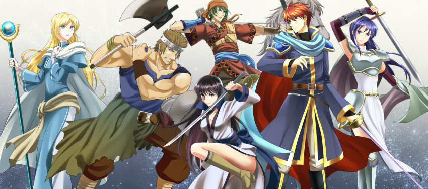 2girls, 4boys, armor, axe, bartre_(fire_emblem), black_hair, blonde_hair, blue_hair