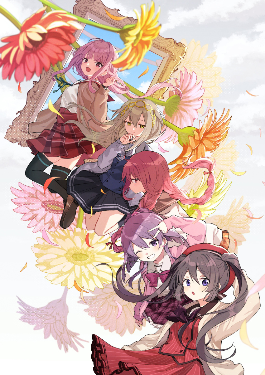 5girls, absurdres, aika_himena, beret, black_skirt, black_thighhighs, blue_ribbon, blue_vest