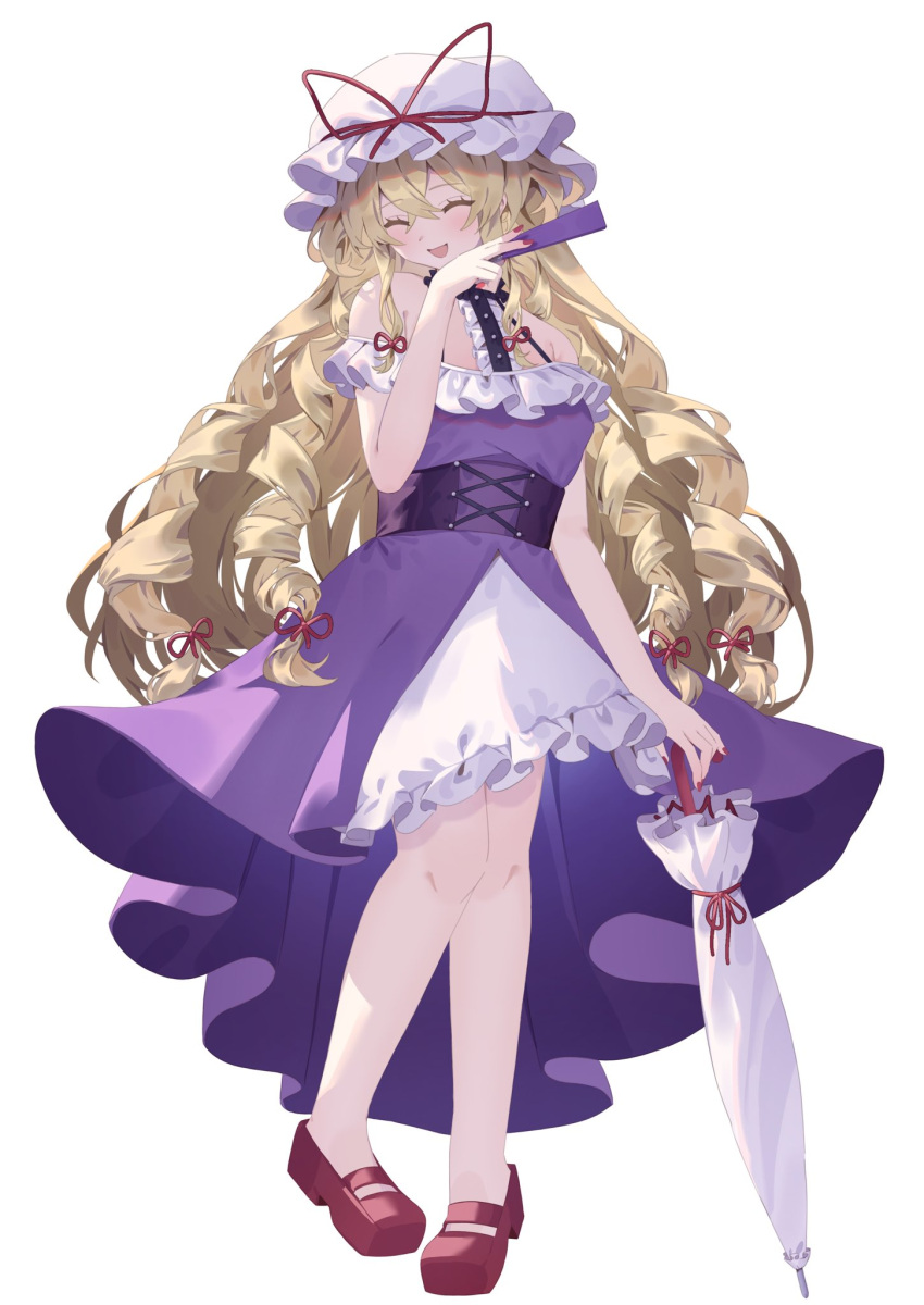1girl, alternate_costume, blonde_hair, blush, closed_eyes, closed_umbrella, commentary_request, dress