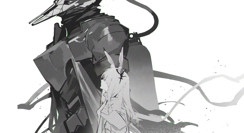 1girl, 1other, absurdres, animal_ears, antlers, arknights, armor, arms_at_sides