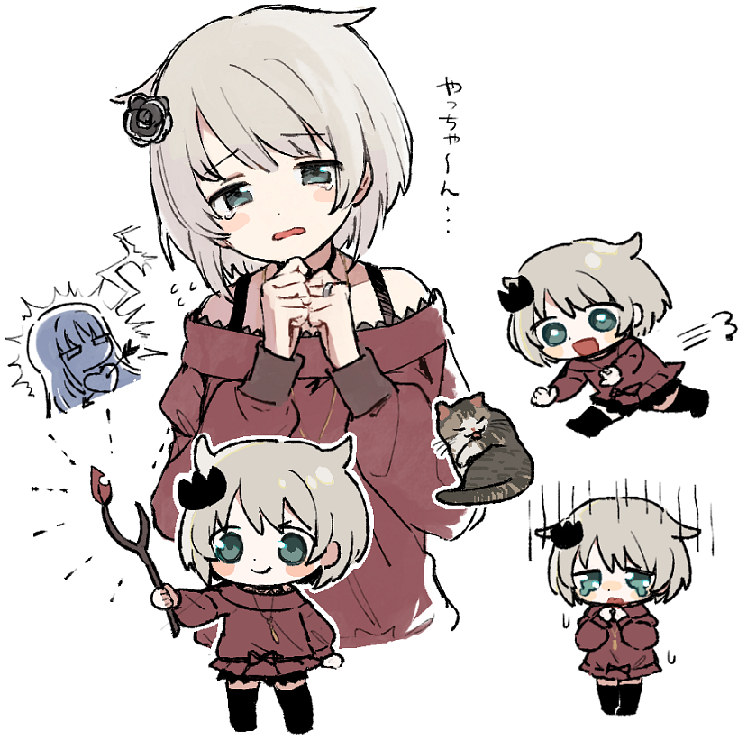 :d, animal, azusa_mifuyu, bare_shoulders, black_flower, blue_eyes, boyano, branch