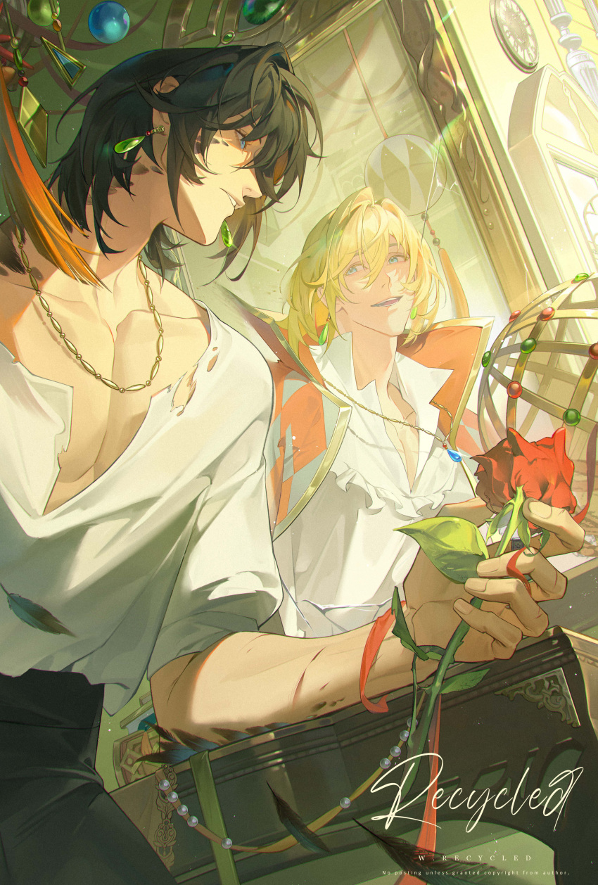 absurdres, artist_name, black_hair, black_pants, blonde_hair, blue_eyes, clock, coat