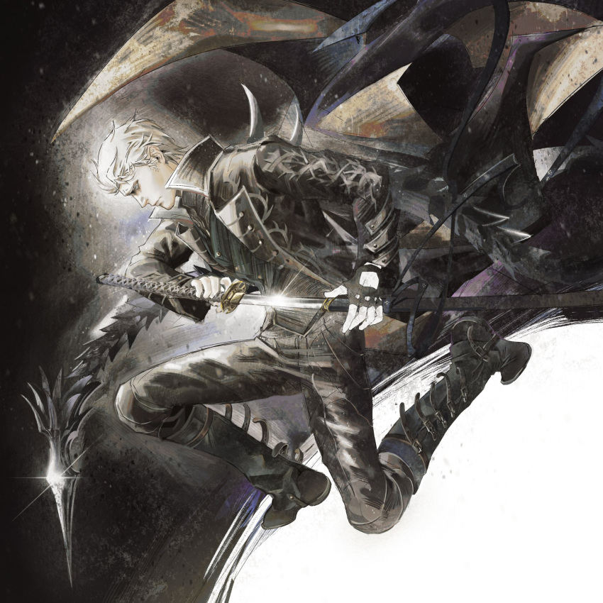 1boy, black_coat, closed_mouth, coat, devil_may_cry_(series), devil_may_cry_5, fingerless_gloves, full_body