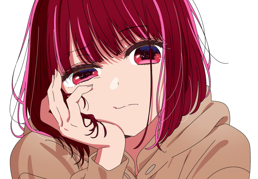 1girl, arima_kana, closed_mouth, hands_on_own_face, highres, looking_at_viewer, oshi_no_ko, quelcom