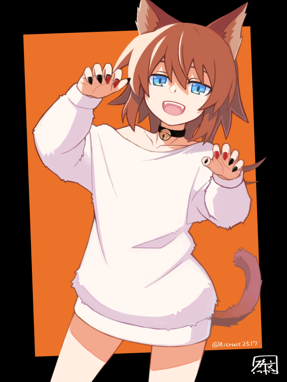 1girl, animal_ears, bell, black_border, blue_eyes, border, brown_hair, cat_ears