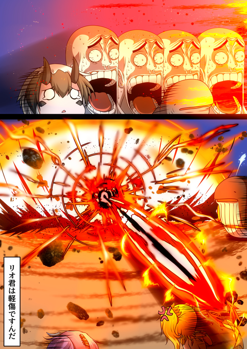 2girls, anger_vein, annes_(g_(genesis1556)), arisa_(g_(genesis1556)), black_hair, blonde_hair, blue_hair, dragon_boy