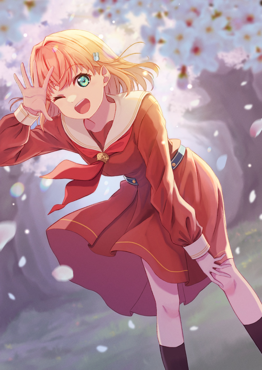 1girl, ;d, ankle_socks, aqua_eyes, arm_up, black_socks, breasts, brown_dress