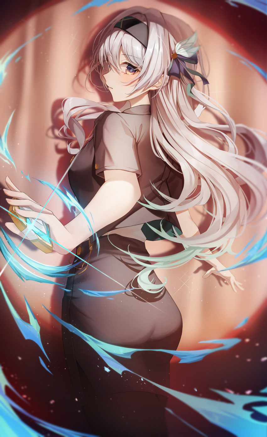 1girl, absurdres, alternate_costume, black_hairband, black_skirt, cela_(akeeeeee675), closed_mouth, commentary