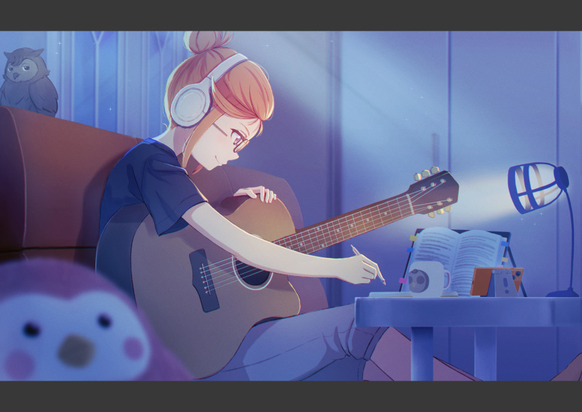 1girl, acoustic_guitar, animal, bird, black_shirt, book, cellphone, commentary_request