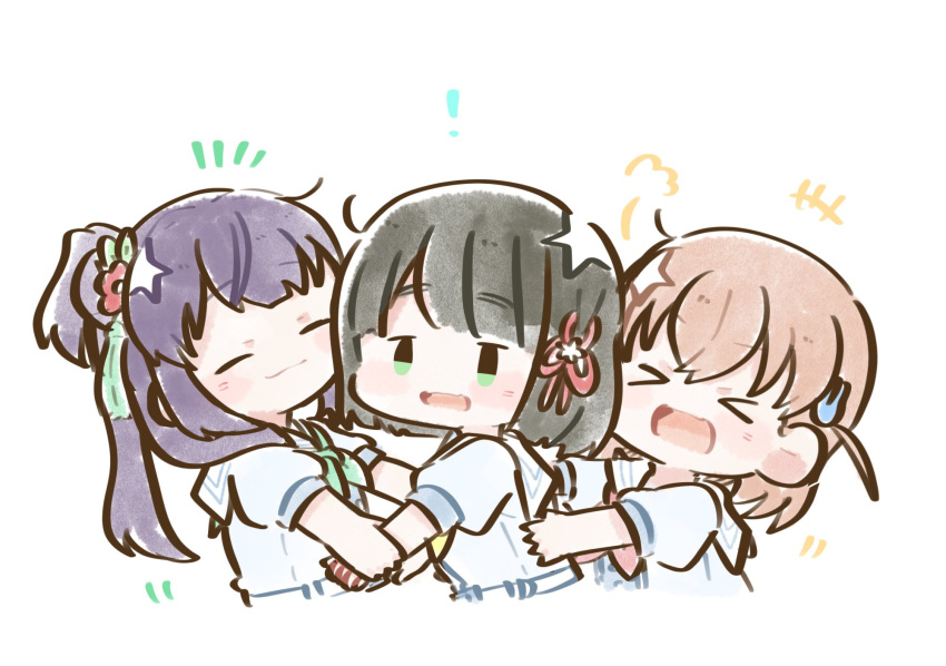 !, >_<, +++, 3girls, :d, arm_grab, black_hair, blue_dress