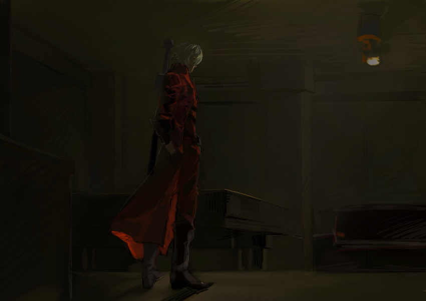 back, coat, dante_(devil_may_cry), devil_may_cry_(series), devil_may_cry_1, full_body, gloves, highres