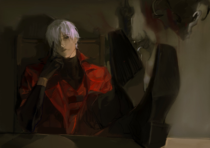 1boy, bishounen, black_footwear, black_gloves, blue_eyes, closed_mouth, coat, crossed_legs, dante_(devil_may_cry), devil_may_cry_(series), devil_may_cry_1, gloves, hair_over_one_eye, highres, legs_on_another's_lap, looking_at_viewer, red_coat, solo, white_hair, xiong_hai