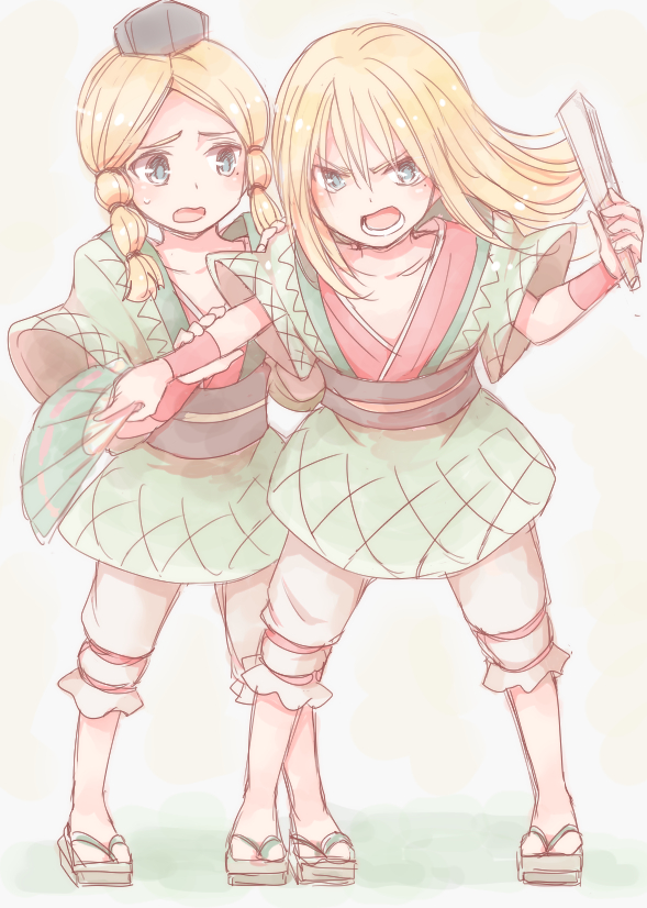 0aoiurn0, 2boys, aged_down, aqua_eyes, blonde_hair, child, dual_persona, folding_fan, full_body, geta, hand_fan, holding, holding_fan, japanese_clothes, long_hair, looking_at_another, looking_at_viewer, lower_teeth_only, multiple_boys, protecting, sen_no_rikyuu_(sengoku_basara), sengoku_basara, shouting, simple_background, sweatdrop, teeth, white_background