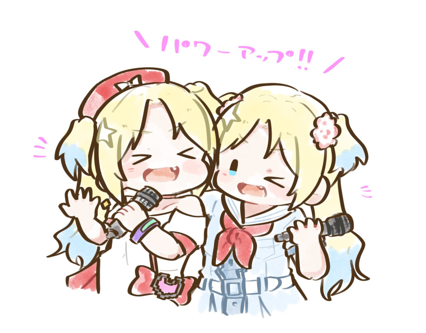 >_<, >_o, 2girls, :d, blonde_hair, blue_dress, blue_eyes, blue_hair