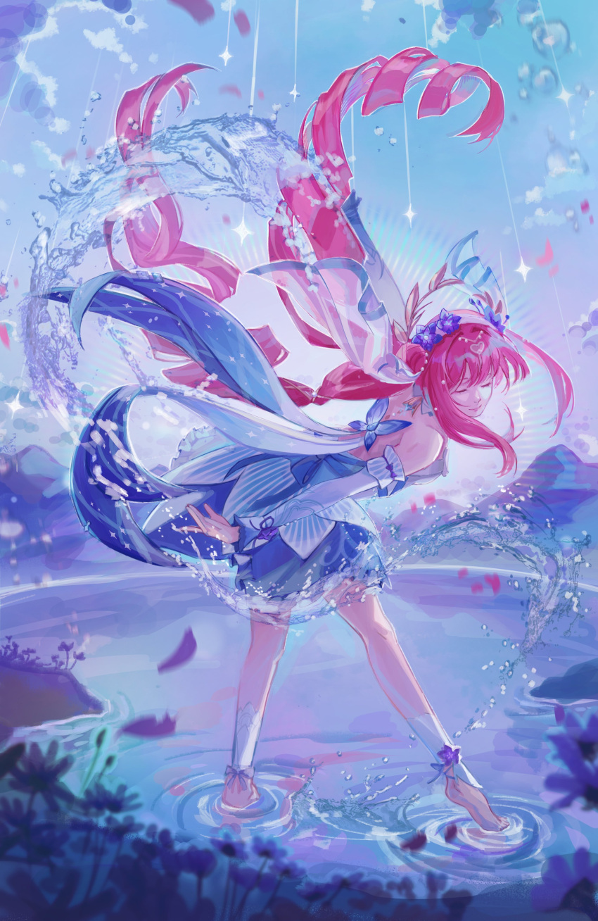 1girl, absurdres, bare_shoulders, barefoot, blue_dress, circlet, closed_eyes, commentary
