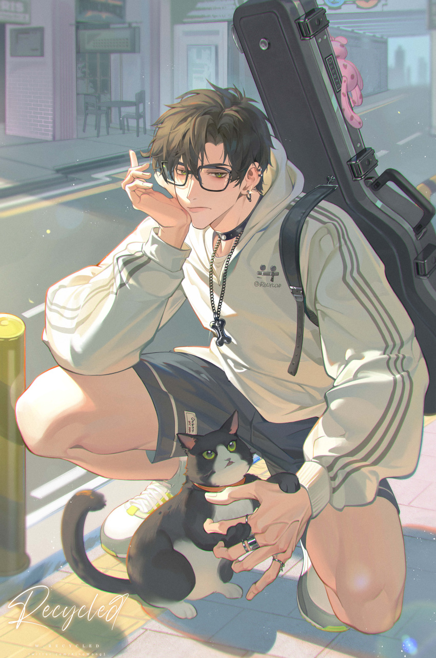 1boy, absurdres, animal, artist_name, black_cat, black_collar, black_shorts, bone_necklace