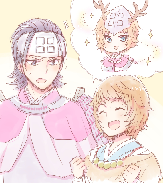 0aoiurn0, 2boys, :d, ^_^, amago_haruhisa_(sengoku_basara), black_hair, brown_hair, chibi, chibi_inset, clenched_hands, closed_eyes, forehead_protector, light_blush, multiple_boys, open_mouth, sengoku_basara, short_hair, simple_background, sketch, smile, sparkling_aura, spoken_character, sweatdrop, talking, upper_body, yamanaka_shikanosuke_(sengoku_basara), yellow_background