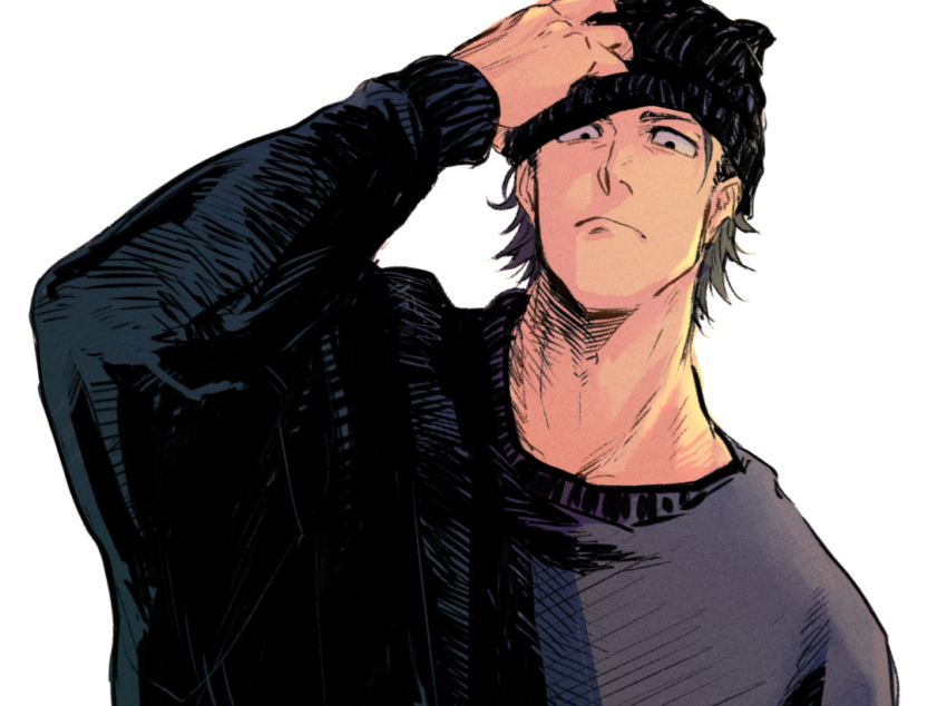1boy, arm_up, beanie, black_beanie, black_eyes, black_sweater, brown_hair, closed_mouth, commentary, frown, hand_on_own_hat, hat, ino_takuma, jujutsu_kaisen, kitamamaneru, long_sleeves, looking_down, male_focus, simple_background, solo, sweater, white_background