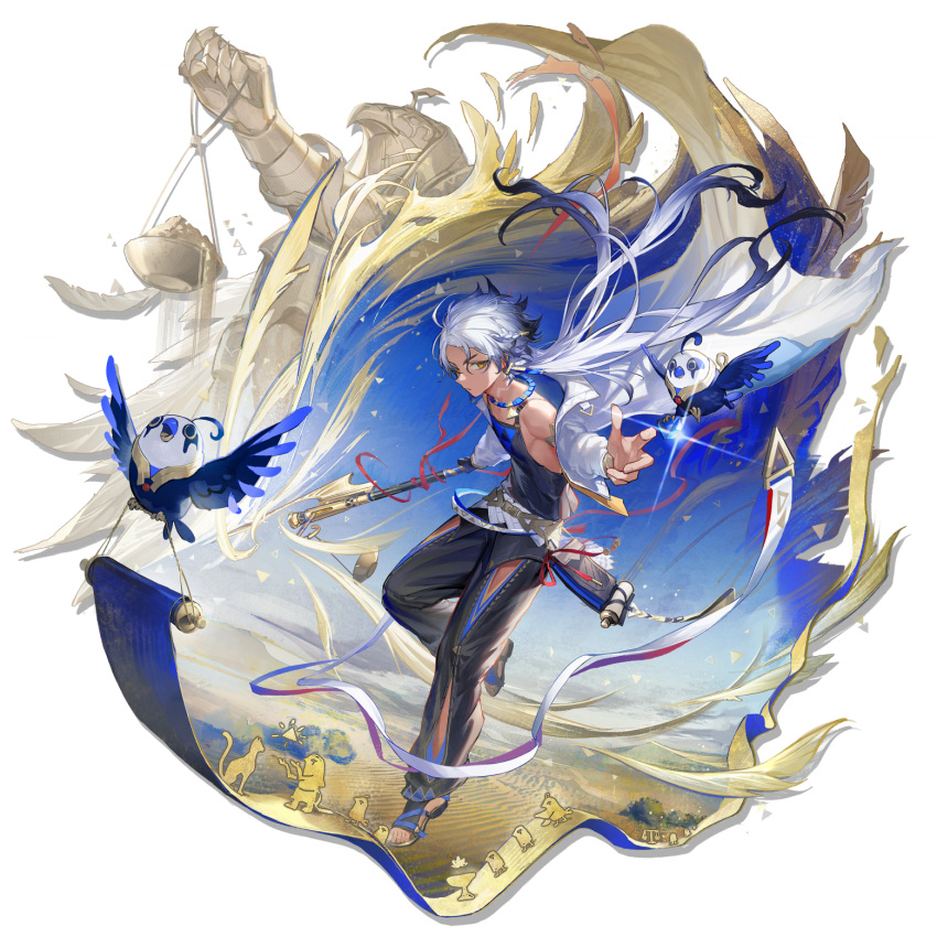 1boy, ahoge, arknights, armored_gloves, baggy_pants, bird, bird_boy, black_gloves