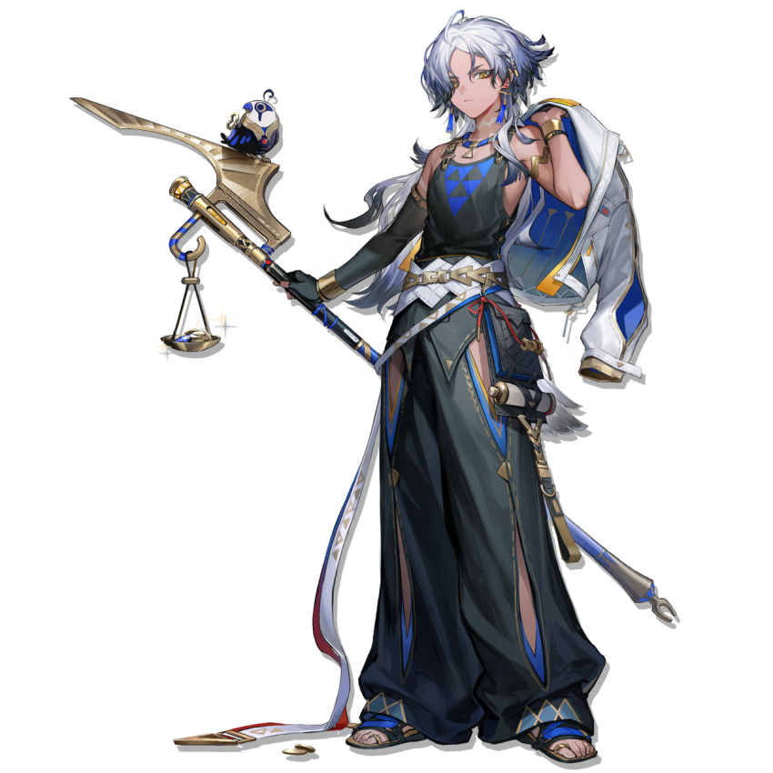 1boy, ahoge, arknights, baggy_pants, bird, bird_boy, black_gloves, black_pants