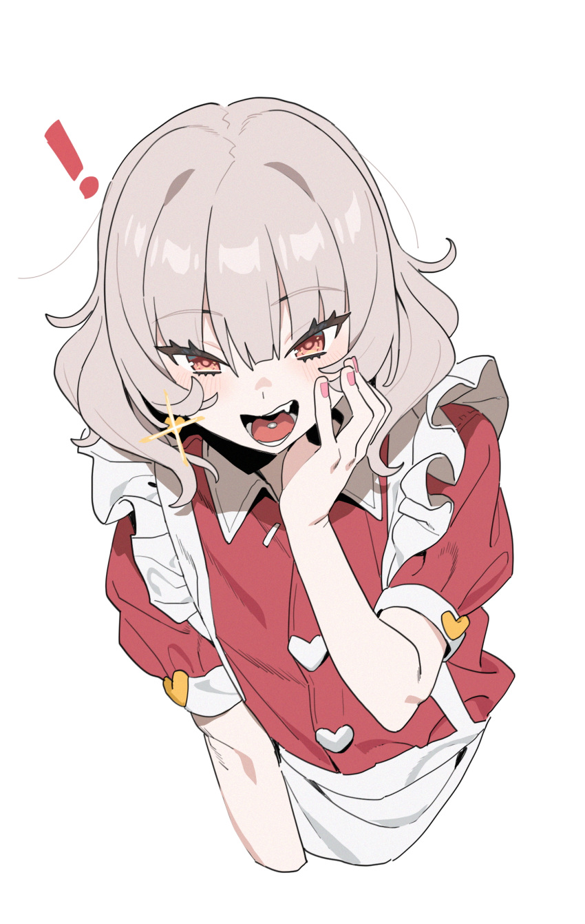 1girl, apron, collared_shirt, commentary_request, cyjalway, earrings, frilled_apron, frilled_sleeves, frills, highres, jewelry, light_blush, looking_at_viewer, medium_hair, nail_polish, open_mouth, original, piercing, pink_nails, red_eyes, red_shirt, shirt, sweatdrop, tongue_piercing, translation_request, white_apron, white_background, white_hair
