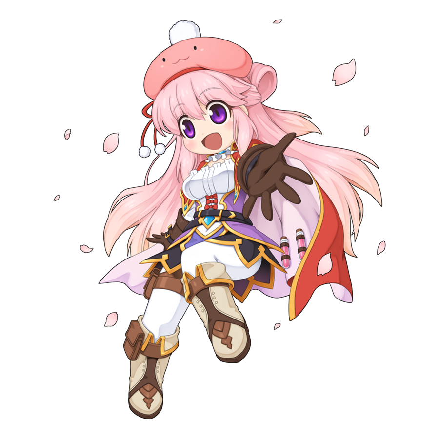 1girl, :d, ascot, belt, beret, biolo_(ragnarok_online), black_belt, black_skirt, blue_brooch, breasts, brown_footwear, brown_gloves, cape, cape_holster, chibi, chibi_only, corset, falling_petals, fold-over_boots, full_body, gloves, gold_trim, half_updo, hat, looking_at_viewer, medium_bangs, miniskirt, official_art, open_mouth, pants, petals, pink_cape, pink_hat, poring, pouch, purple_corset, ragnarok_online, reaching, reaching_towards_viewer, red_cape, shirt, simple_background, skirt, small_breasts, smile, solo, thigh_pouch, transparent_background, two-sided_cape, two-sided_fabric, vial, violet_eyes, white_ascot, white_pants, white_shirt, yuichirou