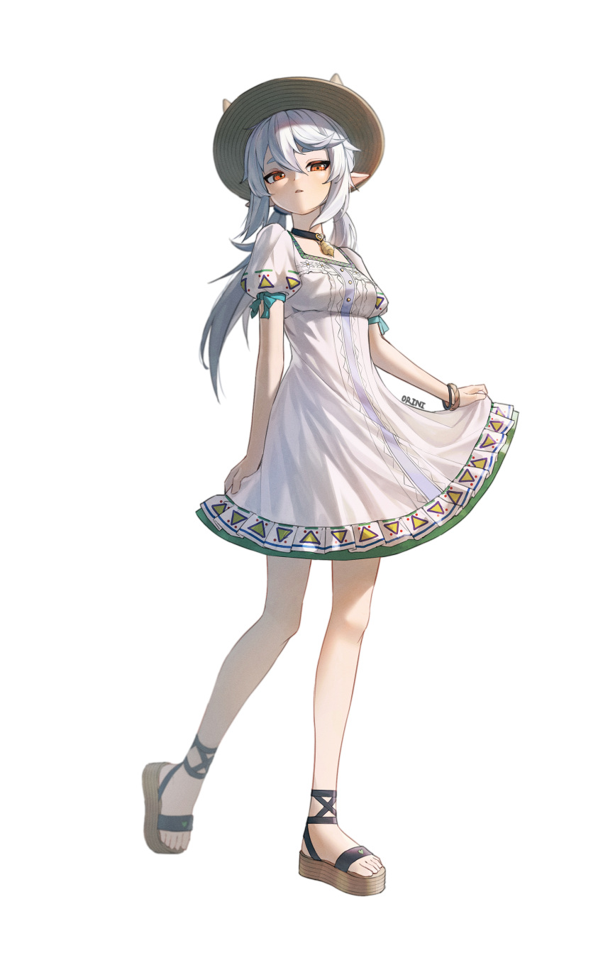 1girl, absurdres, breasts, dark_skin, dress, full_body, gremory_(king's_raid), hair_between_eyes, hat, highres, king's_raid, medium_breasts, pointy_ears, sandals, short_sleeves, sidelocks, simple_background, solo, standing, straw_hat, vladislav_ton, white_background, white_dress, white_hair