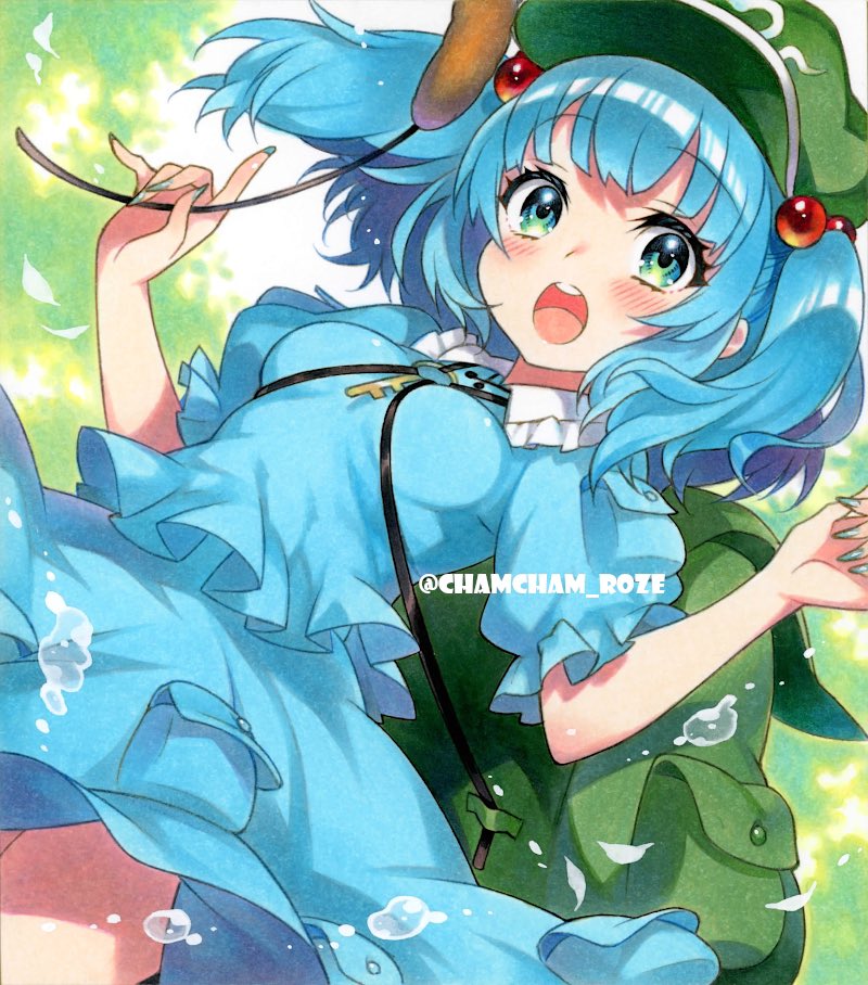1girl, aqua_eyes, blue_dress, blue_eyes, blue_hair, chacham, dress, green_bag, green_hat, hat, kawashiro_nitori, solo, touhou, twintails, two_side_up