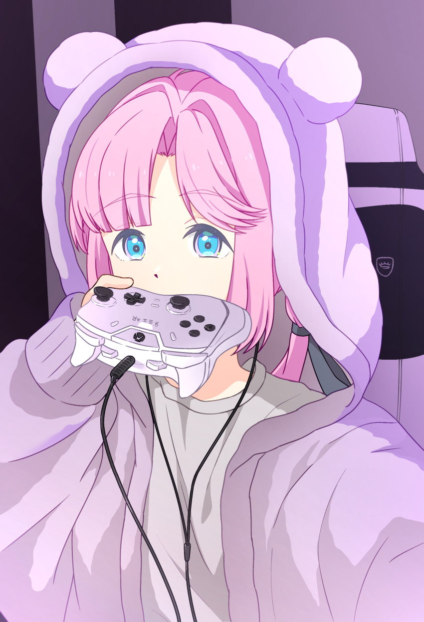 1girl, absurdres, animal_hood, anyoji_hime, bear_hood, black_ribbon, blue_eyes, blunt_bangs