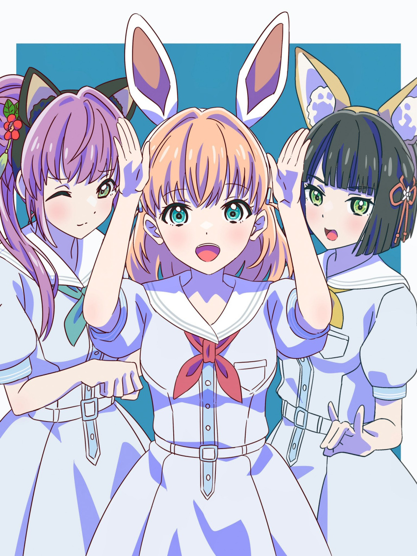 3girls, :d, animal_ear_fluff, animal_ear_hairband, animal_ears, aqua_eyes, aqua_neckerchief, arms_up