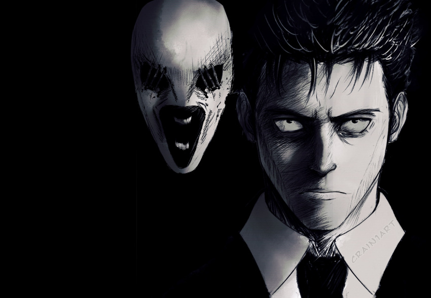 1boy, absurdres, artist_name, black_background, black_eyes, black_hair, black_necktie, black_suit