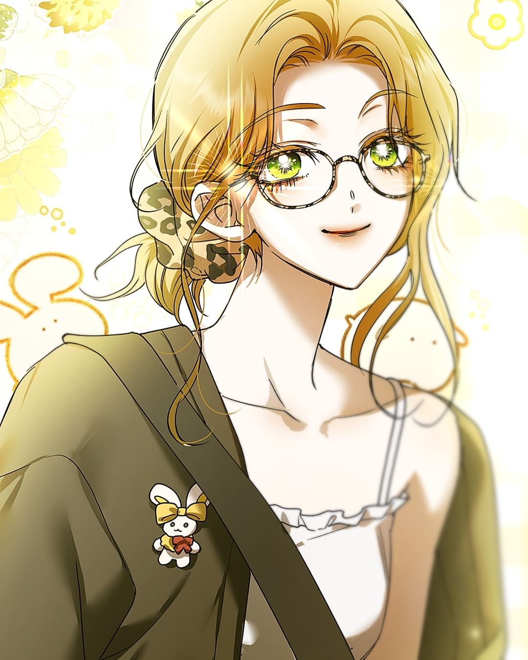 1girl, animal_print, bag, blonde_hair, bow, cardigan, contemporary, frilled_tank_top