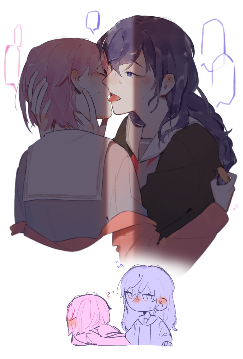 2girls, asahina_mafuyu, black_cardigan, blank_speech_bubble, blush, bob_cut, cardigan, cardigan_partially_removed